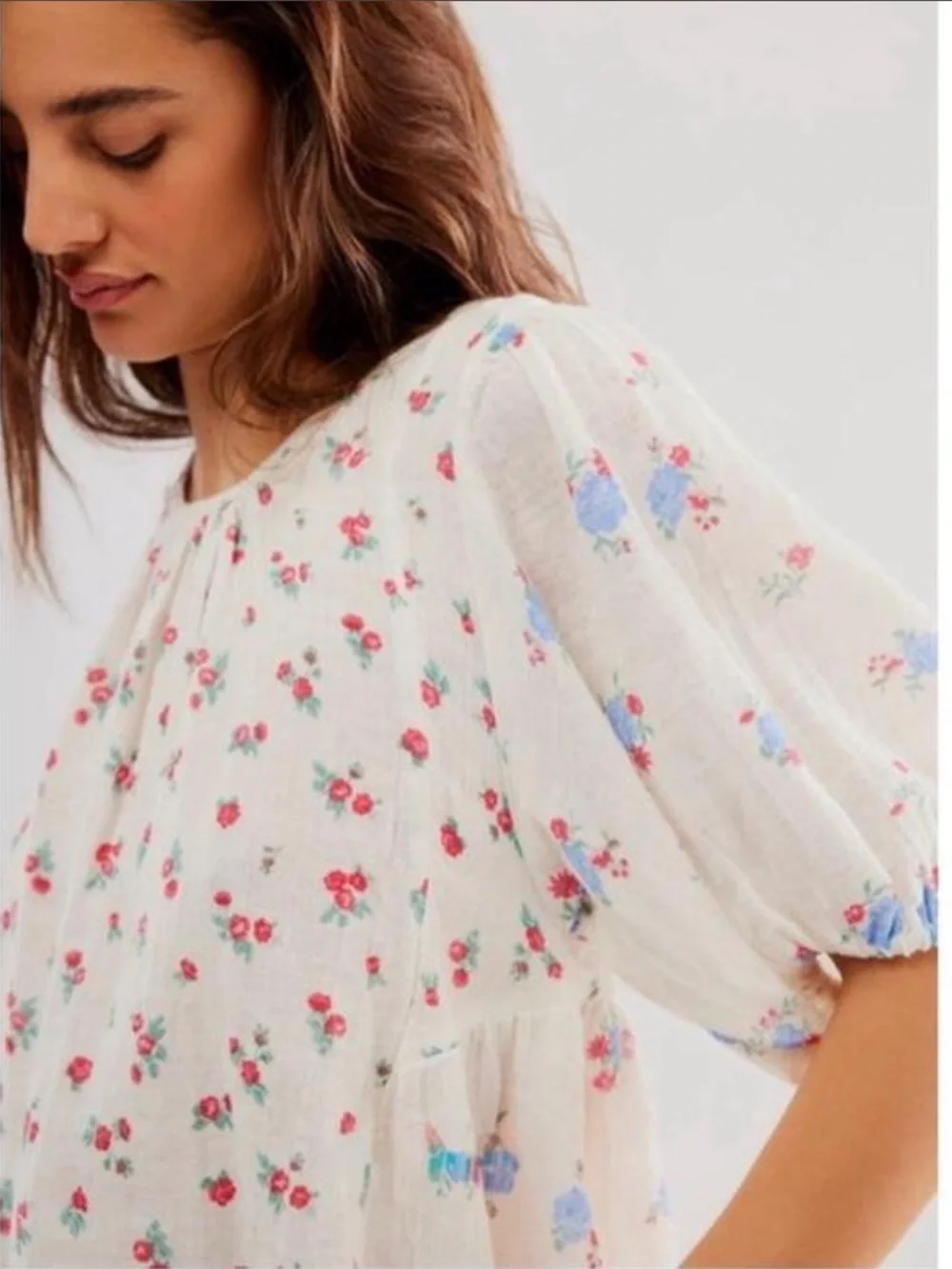 Free People Chloe Floral Print Gauzy Cotton Top Blouse XS Puff Sleeve Cottage